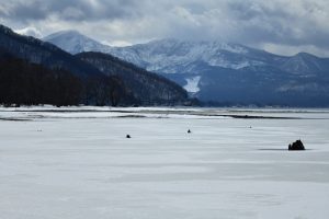 裏磐梯桧原湖・結氷の湖面に雪模様と朽木に磐梯山